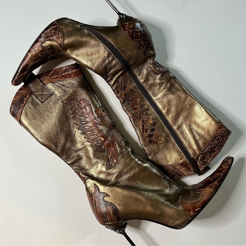 Vintage Bronx Leather High Heel Boots Eagle Rhinestones Sz 7.5